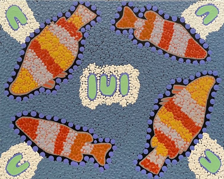 colourful indigenous dot painting with 4 fish