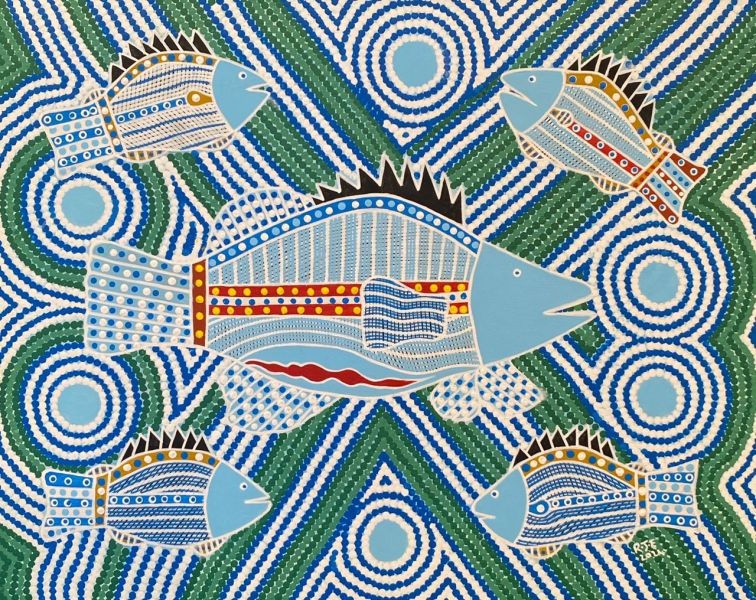 colourful indigenous dot painting showing fish