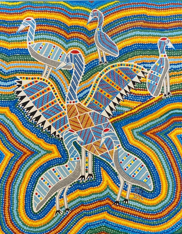 colourful indigenous dot painting with Brolga