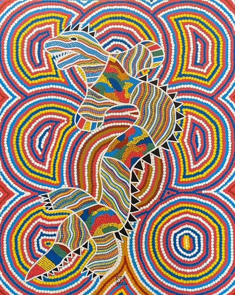 colourful indigenous dot painting showing serpent
