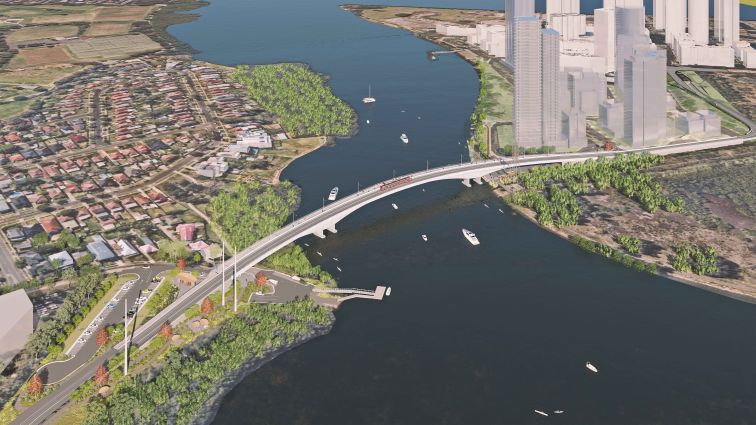 Artist impression - Aerial view of new bridge connecting Melrose Park and Wentworth Point over Parramatta River