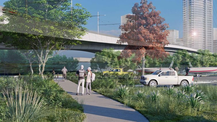 Artist impression - View from Ermington Boat Ramp towards the new bridge. Many trees and grass surrounding footpath. People walk along the path.