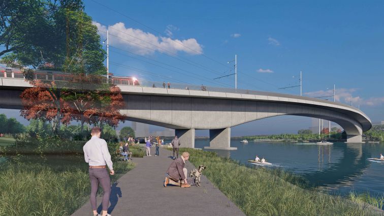 Artist impression - View from Newington Riverwalk looking west at Wentworth Point. Bridge can be seen going over the water