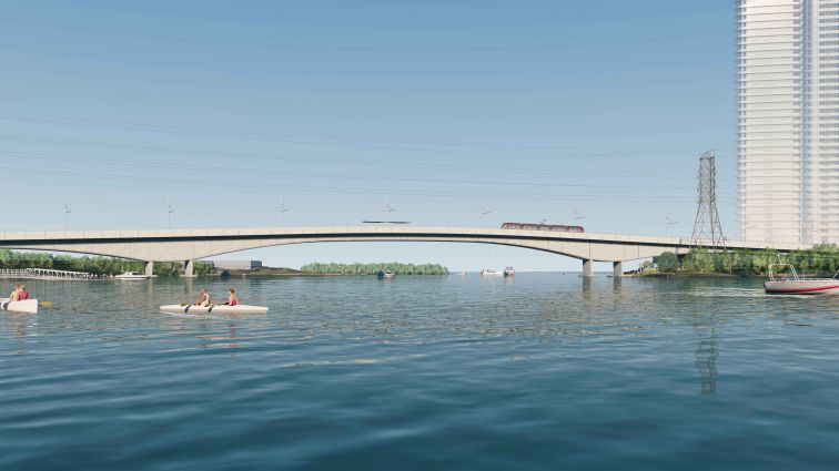 Artist impression - View of new bridge looking from Parramatta River. Image is a long shot of the bridge, taken from the water.