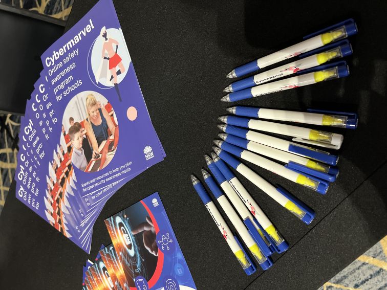 pens and brochures with cybermarvel labels 