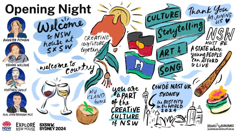 Opening night art sketch from SXSW Sydney, NSW House