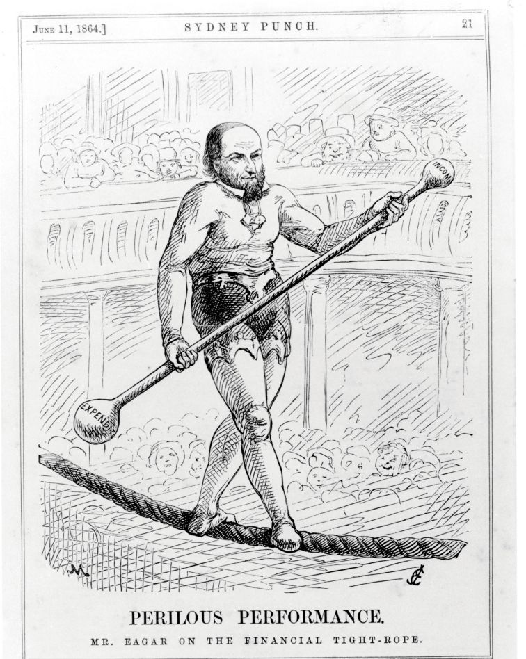 Perilous Performance: Colonial Treasurer Geoffrey Eagar, cast as a tightrope walker in the satirical magazine Sydney Punch, 1864.