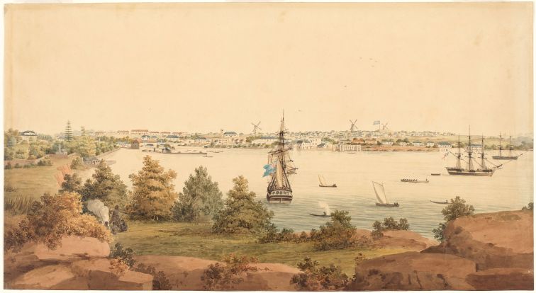 John Eyre’s watercolour of the east side of Sydney Cove, circa 1811.