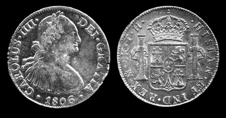 Obverse and reverse of an 1806 Spanish silver dollar, showing Charles IV of Spain.