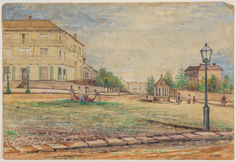 Corner of O’Connell Street & Bent Street [a view], William Butler Simpson, 1853. The building on the left is the house of first Colonial Treasurer William Balcombe - and thus the first headquarters of NSW Treasury