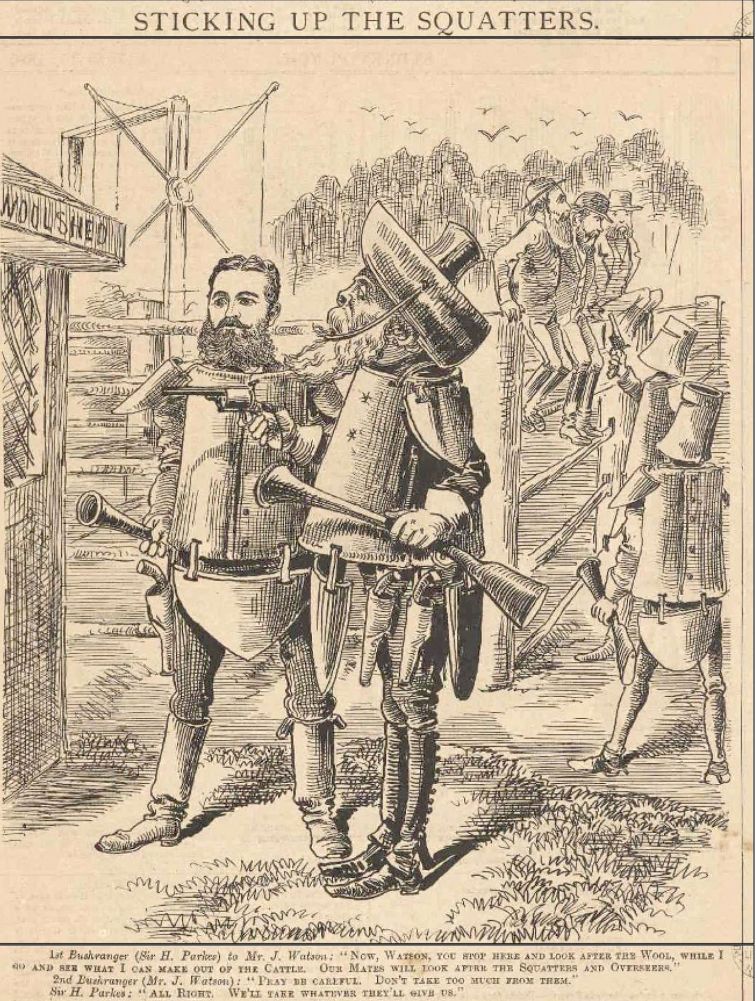 Sticking Up the Squatters: NSW parliamentarians (and later Prime Minister and Treasurer of Australia respectively) Henry Parkes and John Christian Watson, cast by the satirical magazine Sydney Punch, 1880.