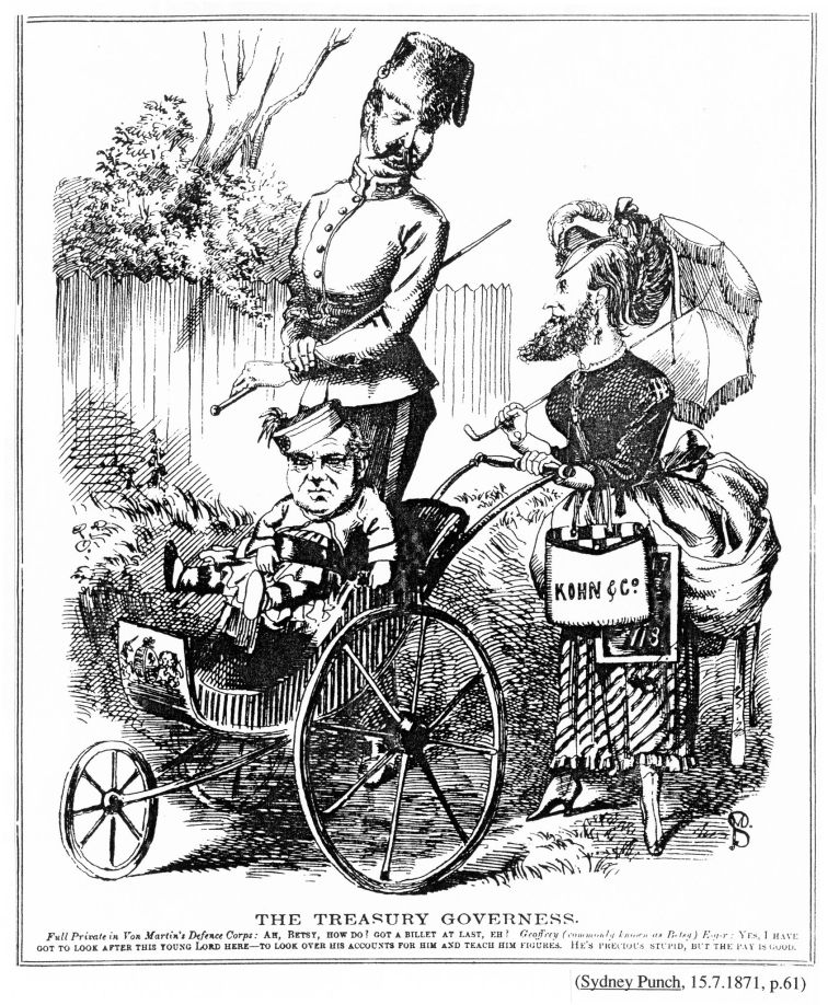 Geoffrey Eagar was a recurring feature in the satirical magazine Sydney Punch. The Treasury Governess (1871). Eagar’s nickname (‘Betsy’) and competent support are headlined as he is cast as governess to successive treasurers; George Lord comes off poorly again (‘he’s precious stupid, but the pay is good’).