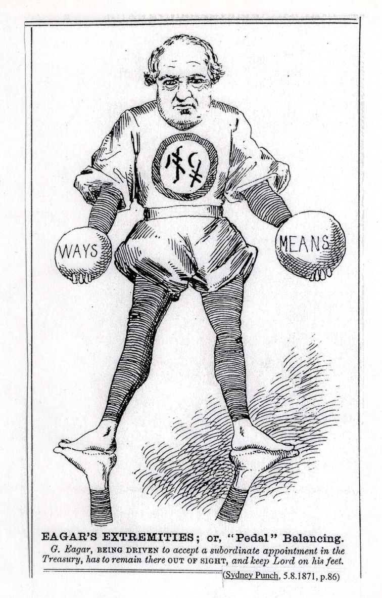 Eagar’s Extremeties; or “Pedal” Balancing (1871). Eagar is appointed head of the Treasury, helping Colonial Treasurer George Lord balance his responsibilities (Lord is seen here standing on Eagar’s feet).