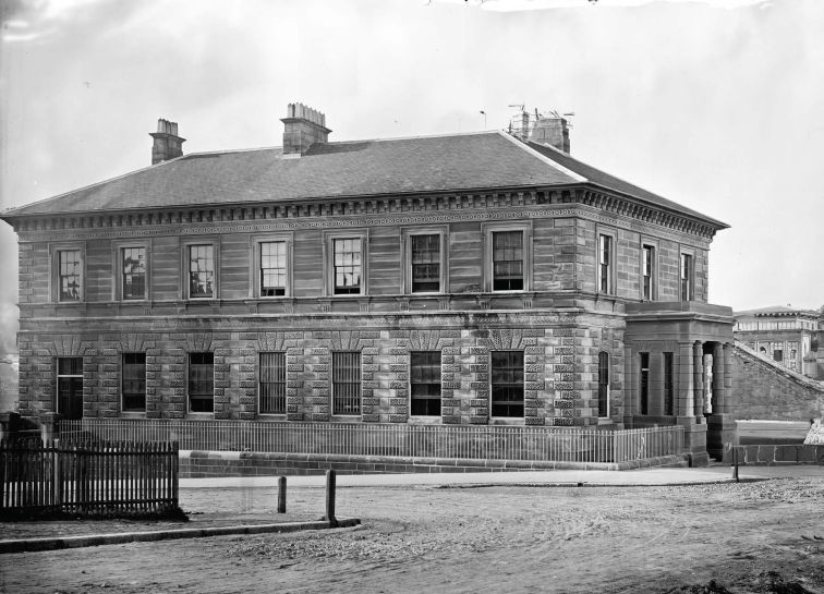 The Treasury Building on the corner of Macquarie and Bridge streets, circa 1870.