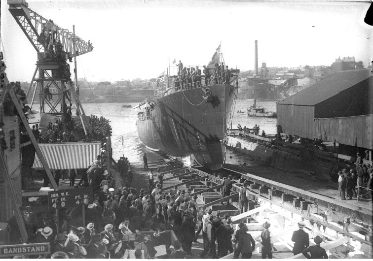 Royal Australian Navy destroyer HMAS Torrens (D67) is launched by Dame Helen, Lady Munro Ferguson – the wife of Australia’s Governor-General Ronald Munro Ferguson – on Cockatoo Island, 28 August 1915.