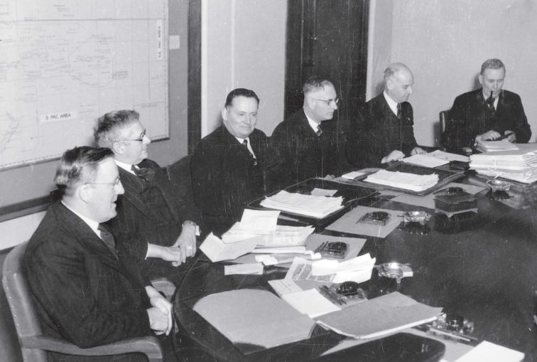 The Commonwealth War Cabinet, 10 November 1943. Minister for the Army Frank Forde (third from left) sits next to Prime Minister John Curtin (fourth from left).