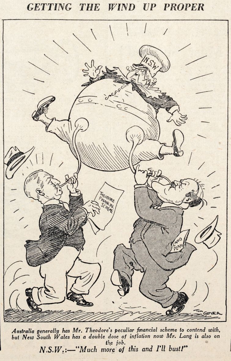 Getting the Wind Up Proper: Caricaturist Tom Glover in The Sun (1931) on the impact of the eponymous plans of federal Treasurer Ted Theodore and NSW Premier Jack Lang.