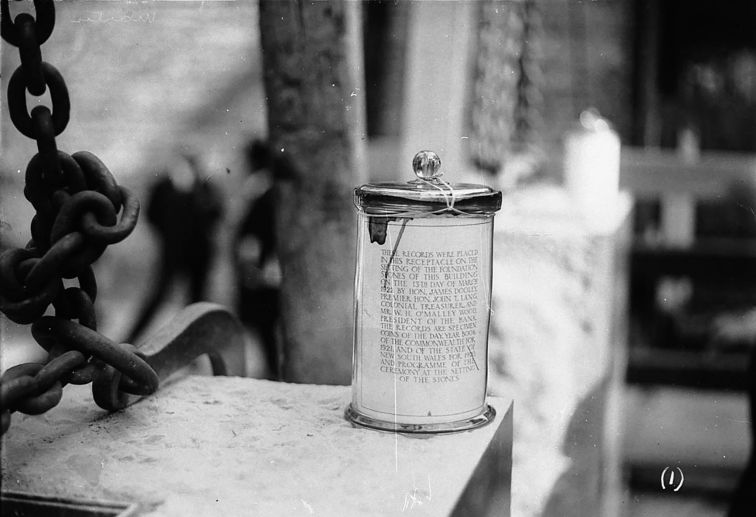 Foundation stone and time capsule, Government Savings Bank of NSW, March 1922. The encased document mentions ‘J. T. Lang, Colonial Treasurer’.