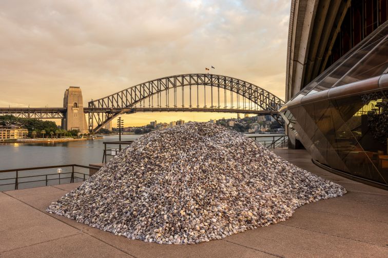 Whispers, 2023, Megan Cope. One of a series of sculptures created for the 50-year anniversary of the Sydney Opera House that connect the immense time and cultural history of the site. The sculpture is made from 85,000 repurposed oyster shells, cypress pine, stainless steel cables and aluminum.