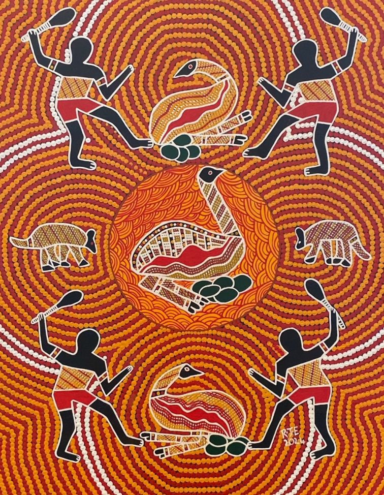 Indigenous painting showing emus and eggs