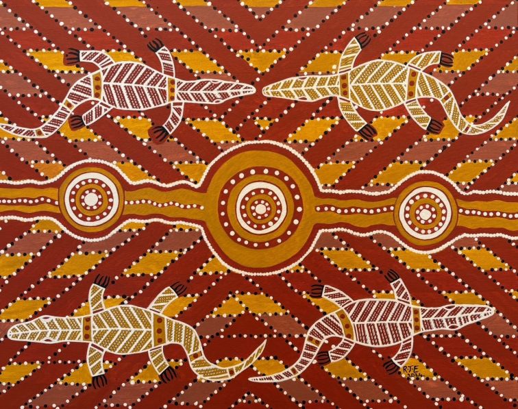 colourful indigenous dot painting showing goannas 