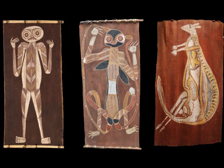 Three Australian Aboriginal traditional Bark Paintings from Western Arnhem Land, Northern Territory