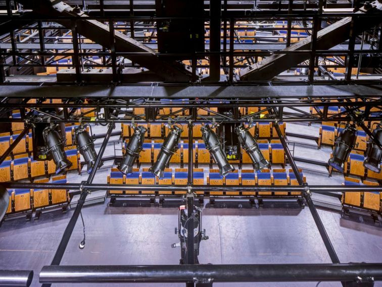 A view of the stalls in Wharf 1 Theatre, from the lights rigging balcony