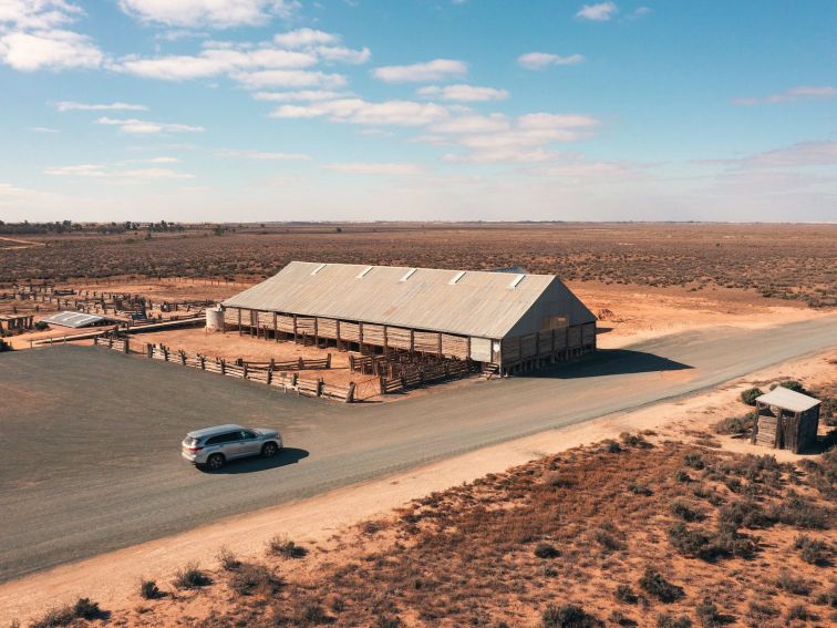 Aerial overlooking the Mungo Woolshed in Mungo National Park