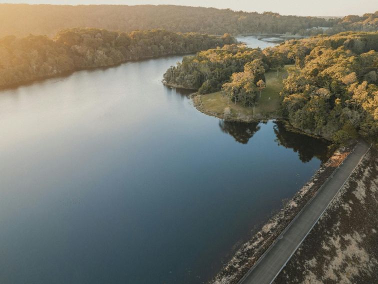 Aerial shot overlooking the dam wall