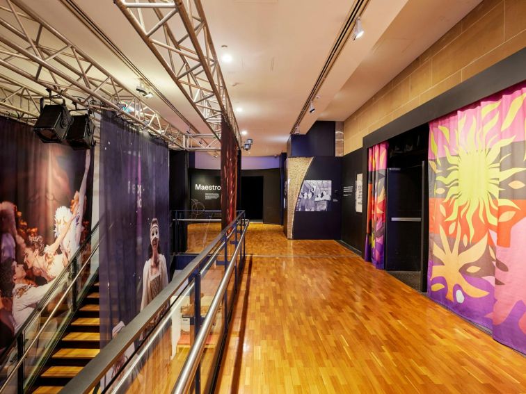 Museum hallway with colourful exhibits