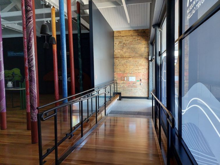 The main entrance to the Museum and Gallery. The ramp is 2 metres wide with  handrails and tactiles.