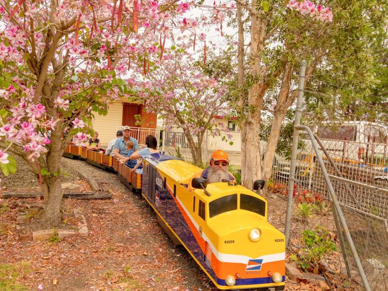 Front of train with families on board.