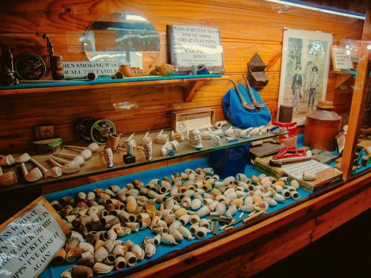 A collection of gold rush smoking pipes at History Hill Museum