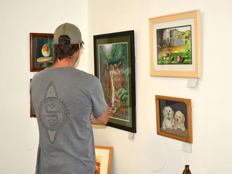 Visitor looking at a collection of artworks.