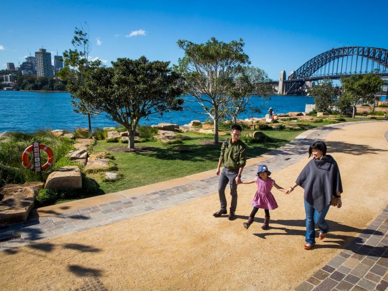 Family enjoying a walk through Barangaroo Reserve, Barangaroo