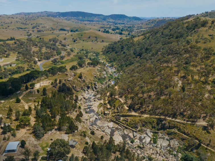 Aerial image of Adelong Falls Gold Mill Ruins, Adelong, Snowy Valleys, NSW