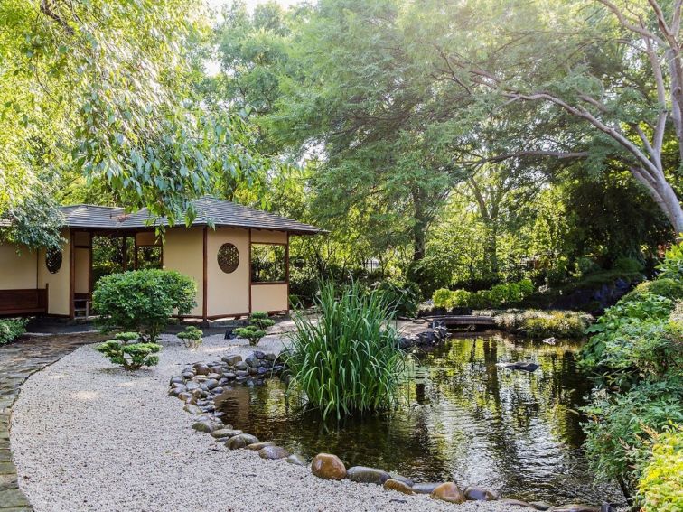 Japanese hut in Japanese garden around a fish pond