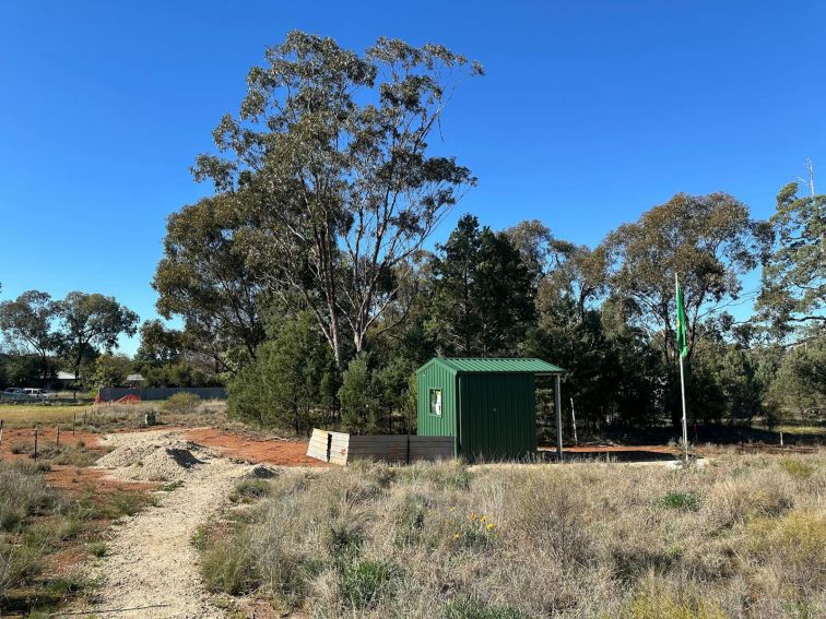 Gravel track leading to green shed with flagpole and garden