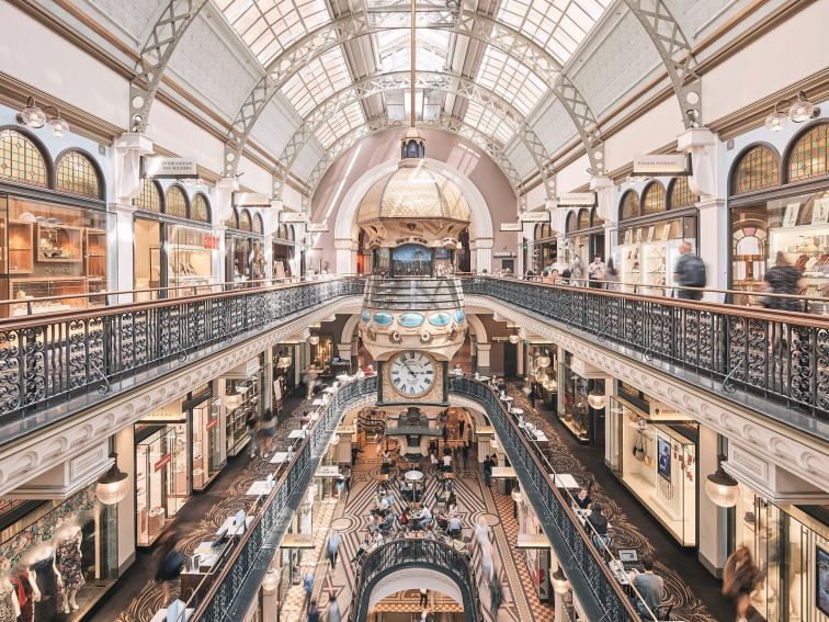 Queen Victoria Building inside view of atrium and clock