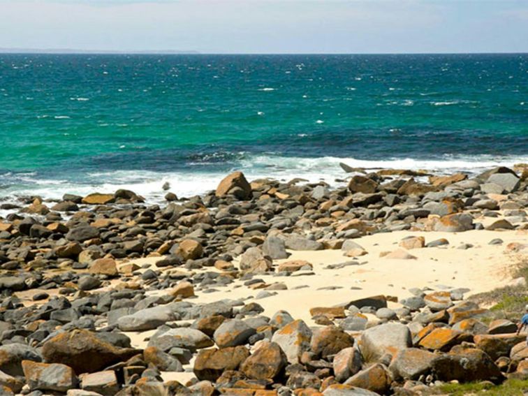 Two people walking among the rocks at Bingi Bingi Point, Eurobodalla National Park. Photo: David