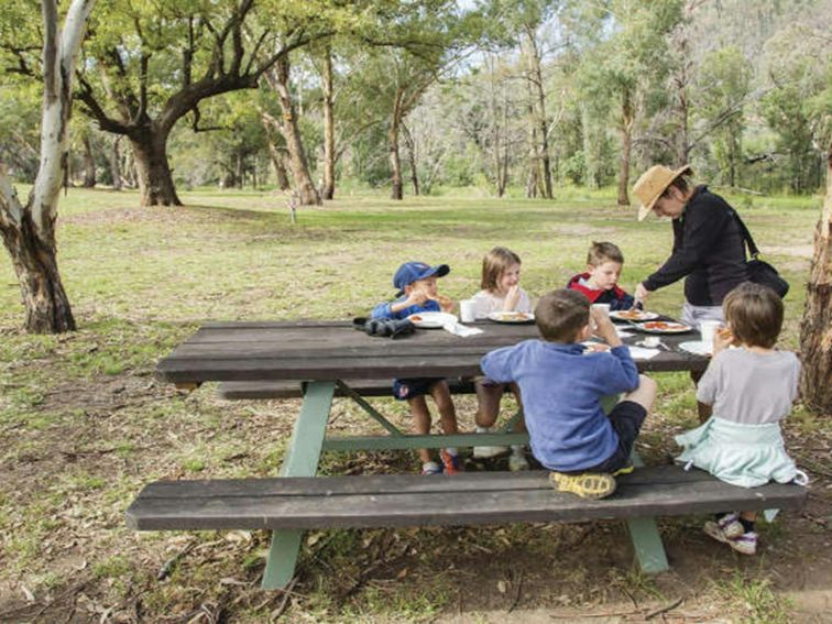 An adult and group of kids having lunch at a picnic table in Warrumbungle National Park. Photo: