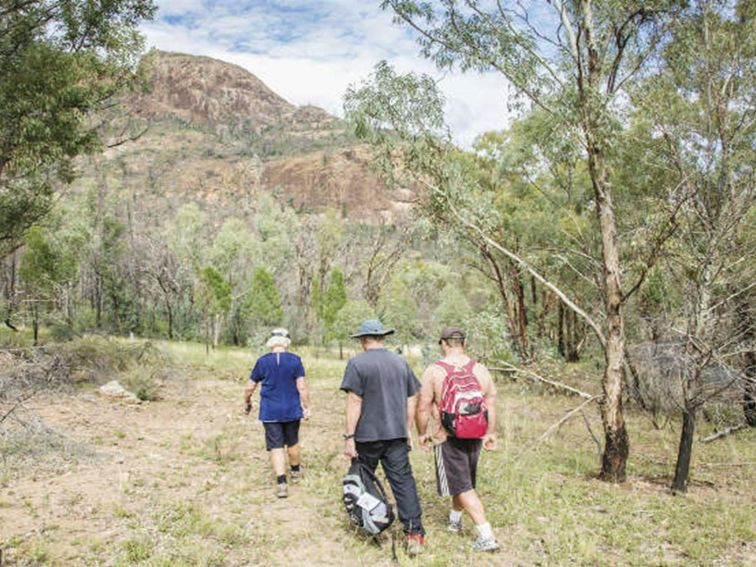 A group of walkers set off on a bushwalk from Canyon picnic area in Warrumbungle National Park.