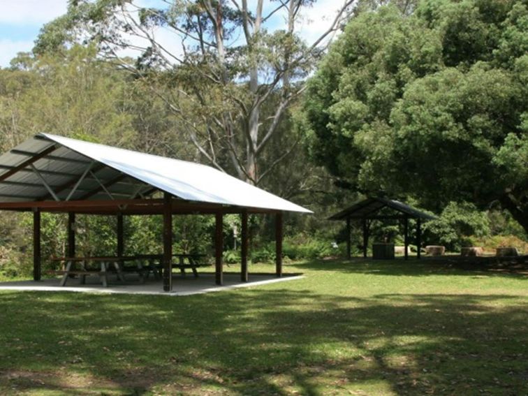 A large picnic shelter next to trees at Casuarina Point picnic area in Lane Cove National Park.