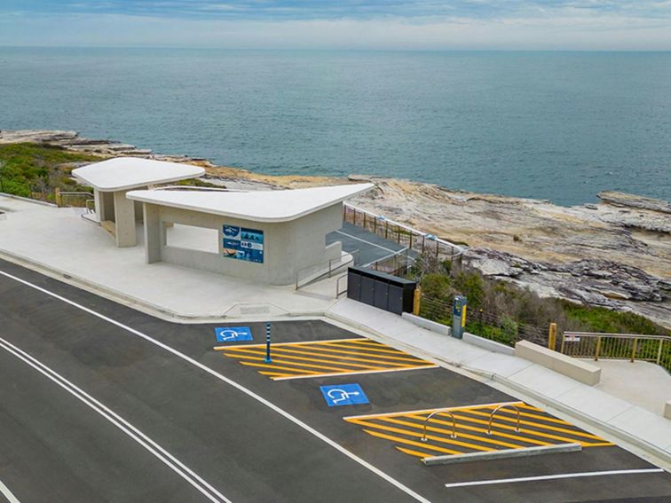 Accessible parking spaces located next to the whale watching platform at Cape Solander lookout.