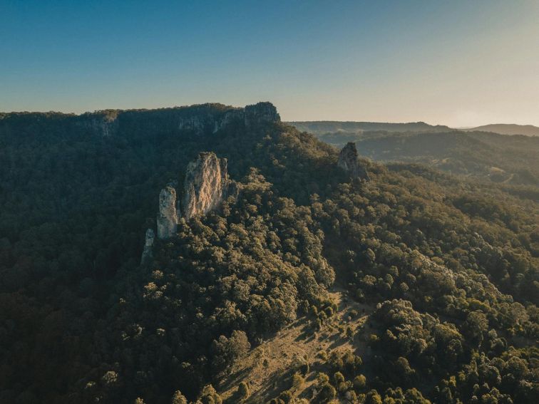 Stunning aerial view overlooking the sacred Nimbin Rocks