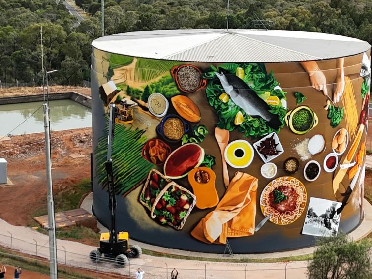 Water Tower Mural in construction