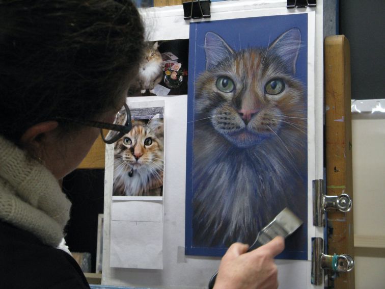 Karen James working on pet pastel portrait, Bathurst.