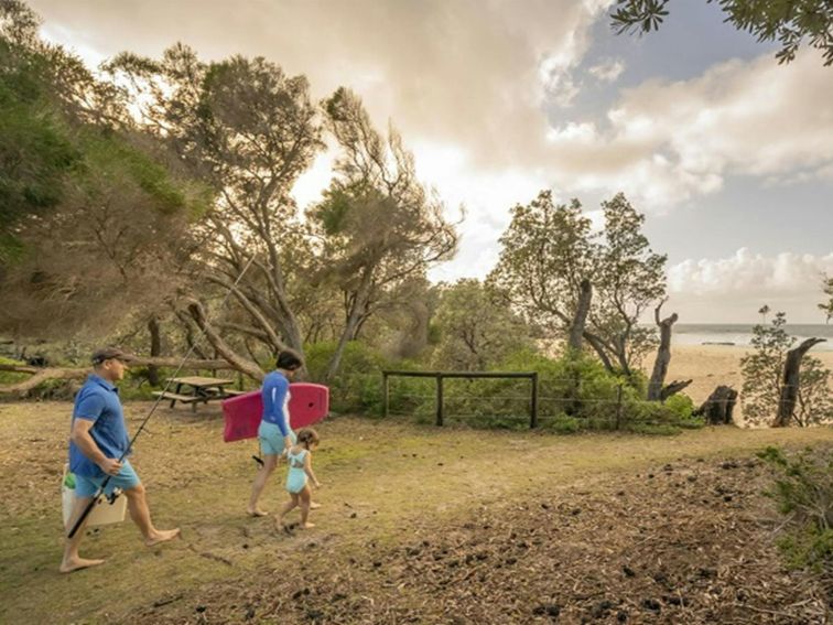A family heads to the beach at Haycock Point picnic area, Beowa National Park. Photo: John