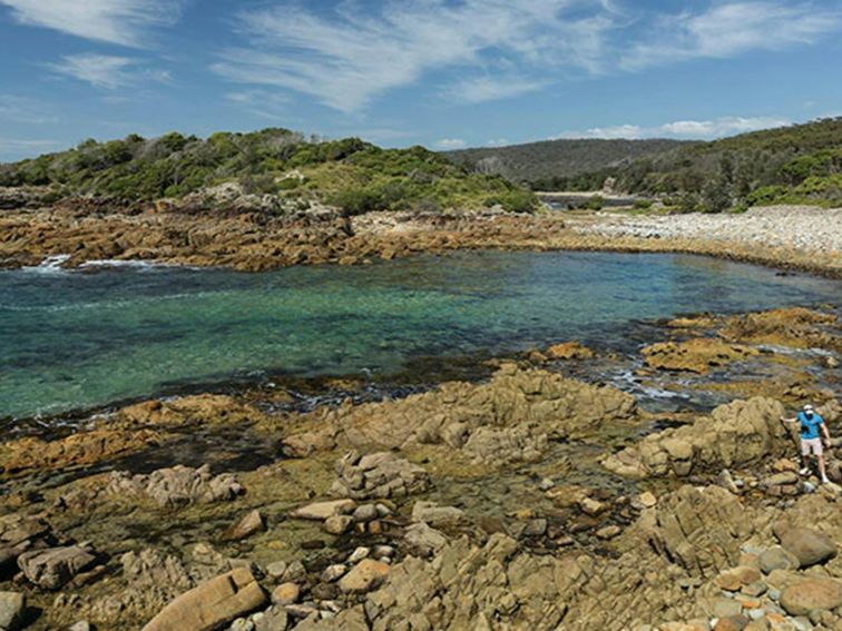 Visitors walking across the rocks on Mimosa Rocks walking track. Photo: David Finnegan &copy; OEH