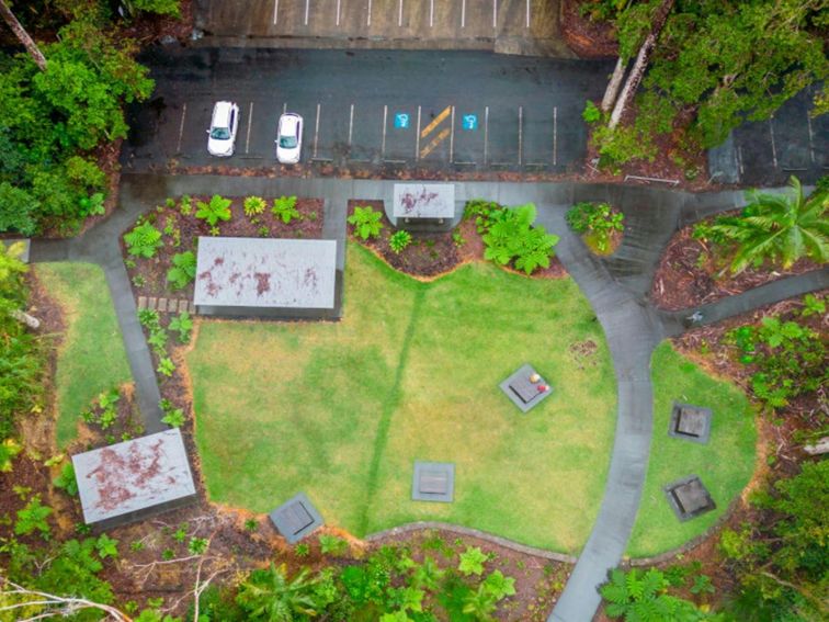 Aerial view of the picnic area and carpark at Minyon Falls. Credit: John Spencer &copy; DPE